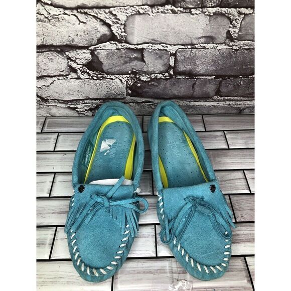 Minnetonka Kilty Turquoise Suede Leather Moccasins Driving Shoes Women Sz 7.5M - Picture 3 of 16